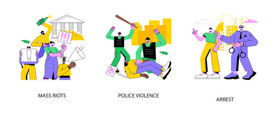 Wall Mural - Street action abstract concept vector illustration set. Mass riots, police violence, public protest arrest, mass unrest, law enforcement, vandalism and looting, political activism abstract metaphor.