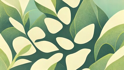 Wall Mural - Organic green leaf texture. Abstract pattern of graphic vegetal leaves. Healthy organic, natural feeling. Stylized 4k background, backdrop illustration. Pastel colors.