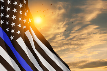 Wall Mural - American flag with police support symbol Thin blue line on sunset sky with birds. Police in society as the force which holds back chaos, allowing order and civilization to thrive. 3d-rendering.