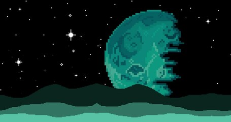 Wall Mural - Pixel art space animation. Planet, stars, space. Pixel art 8 bit vector game retro. Blue pixel planet. Seamless animation
