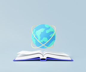 network internet worldwide and open book on sky blue background science knowledge, minimal cartoon c
