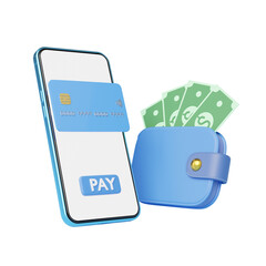 Phone with credit card, wallet, bank floating on blue background. Mobile banking and Online payment service. Saving money wealth,  business financial concept. Smartphone transfer online. 3d render.