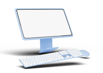 Computer monitor with wireless mouse, keyboard float on blue background. Social media marketing online, e commerce, Website digital store, shop app concept. Desktop blank white screen. 3d render.