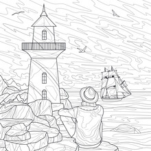 A Man Looks At The Lighthouse And The Ship At Sea.Coloring Book Antistress For Children And Adults. Illustration Isolated On White Background.Zen-tangle Style. Hand Draw