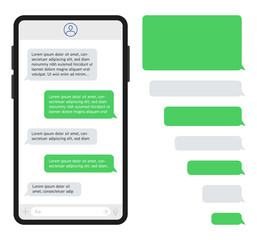 Smartphone with messenger chat on screen. Template of green and gray message bubbles. Vector illustration..