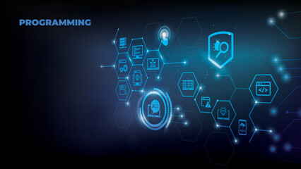 Wall Mural - software engineering or programming vector illustration. Blue concept related to html coding, beta testing an application, software design and development process, implementation and verification.