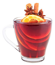 Hot Red Mulled Wine Isolated On A White Background With Christmas Spices, Orange Slice, Anise And Cinnamon Sticks.