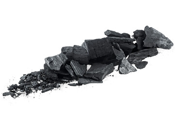 Wall Mural - Natural wood charcoal pieces isolated on a white background. Black charcoal.