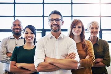 Aufkleber - Smiling group of confident diverse and modern business people, standing, arms crossed with leadership quality. Professional team of work colleagues proud with unity together in modern office
