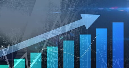 Poster - Animation of financial data processing with graph over cityscape