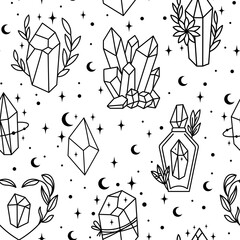 Wall Mural - Mystical line art esoteric crystals, gem stones, diamonds, jewelry minimalist print. Boho astrology hand draw illustration. Magic doddle for T-shirts and bags, tatoo decor element