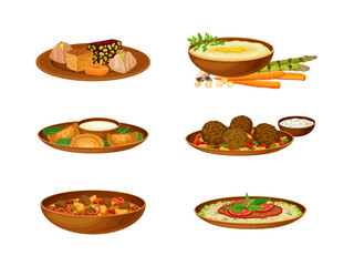 Syrian Cuisine Dishes and Desserts Served on Plate with Hummus and Meatballs Vector Set