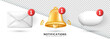 Ringing bell with red notification button isolated on white and transparent background. Alarmclock, attention, alert, signal, new message, new subscriber, reminder 3d icons