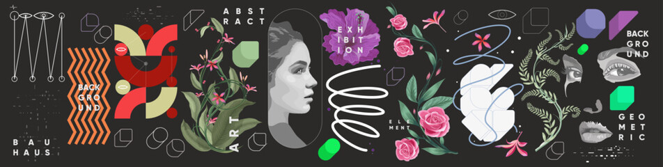 Wall Mural - Trendy abstract art templates with floral and geometric elements. Vector fashion backgrounds. Paintings for interior. Women's faces in flowers. Suitable for social media posts, cover, banners design.