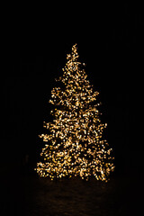 silhouette of blurry christmas tree illuminated and decorated with golden fairy lights in dark night