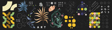 Geometric Objects, Tropical Plants. Set Of Elements For Design. Vector Illustrations. Bauhaus Style And Floral Elements. Vintage Abstract Paint, Great Design For Any Purposes.