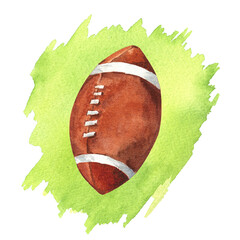 Watercolor illustration of sport American football or rugby.  Hand drawing isolated on white background.