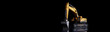 Yellow toy crawler excavator on a black background with reflection. The concept of land management, construction and earthworks. Copy space. Web banner.