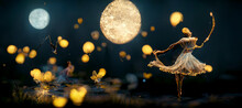 A Ballerina Dancing With Fireflies Against The Crescent Digital Art Illustration Painting Hyper Realistic