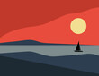 Abstrakter Sonnenuntergang / Sonnenaufgang in den Bergen mit Segelboot