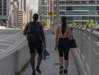 woman walking in the city people couple sport bridge miami Brickell  