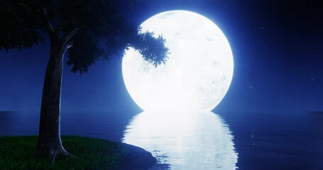 full blue moon in the night sky there are stars in the sky. super moon in the middle of the sea with
