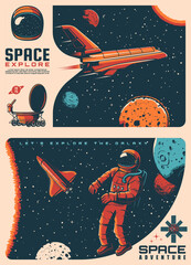 Wall Mural - astronaut in outer space. spaceship in galaxy retro posters with shuttle spacecraft, solar system pl