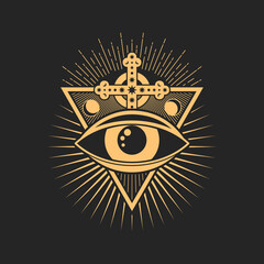 Wall Mural - Prediction eye, tattoo occult and esoteric symbol. Vector tarot magic symbol, ancient Egypt amulet with cross. Vector occultism vision sign, tribal eye