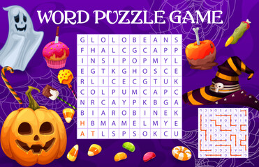 Wall Mural - Word search puzzle quiz game of Halloween holiday sweets and candies. Vector worksheet of Halloween block puzzle, word maze with cartoon witch hat, pumpkin cake, lollipops, candy corn, ghost, cobweb