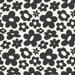 Black and white floral seamless pattern illustration. Vintage 70s style hippie flower background design. Y2k nature backdrop with daisy flowers.