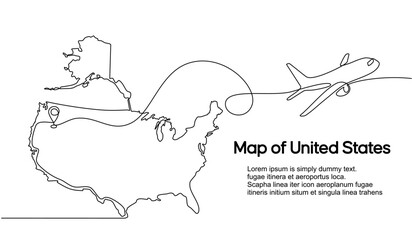 Wall Mural - Continuous one line drawing of United States domestic aircraft flight routes. US map icon and airplane path of airplane flight route with starting point location and single line trail in doodle style