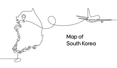 Wall Mural - Continuous one line drawing of South Korea domestic aircraft flight routes. South Korea map icon and airplane path of airplane flight route with starting point location and single line trail in doodle