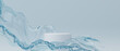 © allme3d - 3d cosmetic background. podium with abstract water splash blue background for banner, product or cosmetics presentation. 3d rendering illustration.