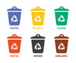 Waste sorting icon vector set illustration. Symbol of separate bin, trash can and disposal container for recycling garbage.