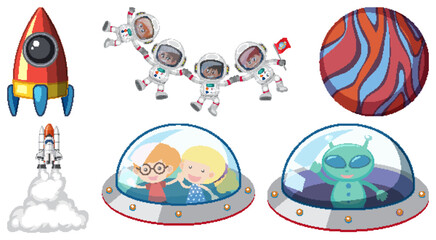 Wall Mural - Set of space cartoon characters and objects