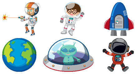 Wall Mural - Set of space cartoon characters and objects