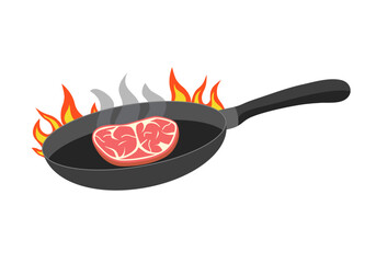 Meat on frying pan in flat design on white background. Cooking in the kitchen.