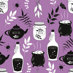 Wall Mural - vector seamless pattern in a flat style on the theme of witchcraft, mysticism. pattern with magic herbs