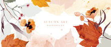 Autumn Foliage In Watercolor Vector Background. Abstract Wallpaper Design With Maple, Leaf Branch, Line Art. Elegant Botanical In Fall Season Illustration Suitable For Fabric, Prints, Cover. 