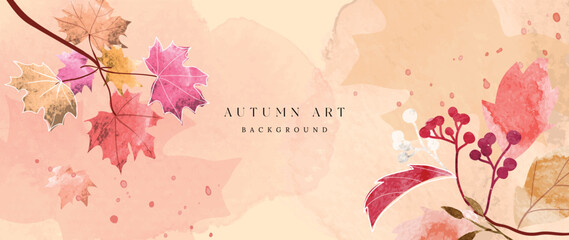 Autumn foliage in watercolor vector background. Abstract wallpaper design with maple, leaf branch, line art. Elegant botanical in fall season illustration suitable for fabric, prints, cover. 