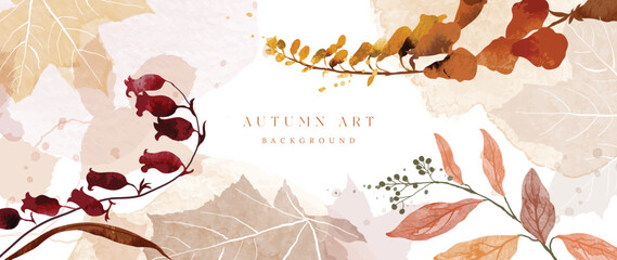 Wall Mural - Autumn foliage in watercolor vector background. Abstract wallpaper design with leaf branch, flowers, line art. Elegant botanical in fall season illustration suitable for fabric, prints, cover. 