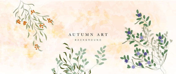 Wall Mural - Autumn foliage in watercolor vector background. Abstract wallpaper design with leaf branch, fruit, berry, flower. Elegant botanical in fall season illustration suitable for fabric, prints, cover. 