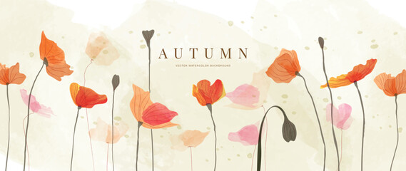 Wall Mural - Autumn floral in watercolor vector background. Abstract wallpaper design with garden, flowers, wildflowers. Elegant botanical in fall season illustration suitable for fabric, prints, cover. 