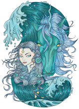 Colorful Fantasy Illustration With Hand Drawn Beautiful Fairy Girl Or Princess And Magic Unicorn Horse