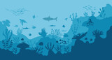 Fototapeta Las - silhouette of coral reef with fish on blue sea background underwater vector illustration	
