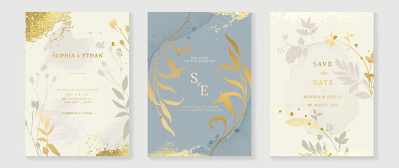 Wall Mural - Luxury botanical wedding invitation card template. Watercolor card with gold texture, leaves branches, foliage, trees, flowers. Elegant blossom vector design suitable for banner, cover, invitation.
