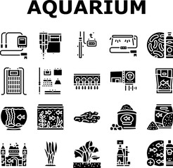 aquarium fish water sea tank icons set vector. underwater ocean, marine coral, glass goldfish, fishbowl reef, bowl animal life blue aquarium fish water sea tank glyph pictogram Illustrations