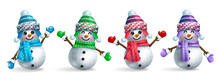 Snow Man Christmas Characters Vector Set. Snowman 3d Kids Character In Friendly And Cute Faces With Hat, Scarf And Gloves Isolated In White Background For Xmas Collection Design. Vector Illustration.
