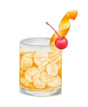 Old Fashioned Cocktail Watercolor Hand Drawn Illustration. Drink Clipart On White Background.