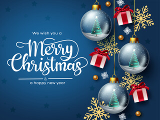 Merry christmas vector design. Merry christmas greeting text with gift, crystal ball and snow flakes element in blue background for holiday season decoration. Vector illustration. 
